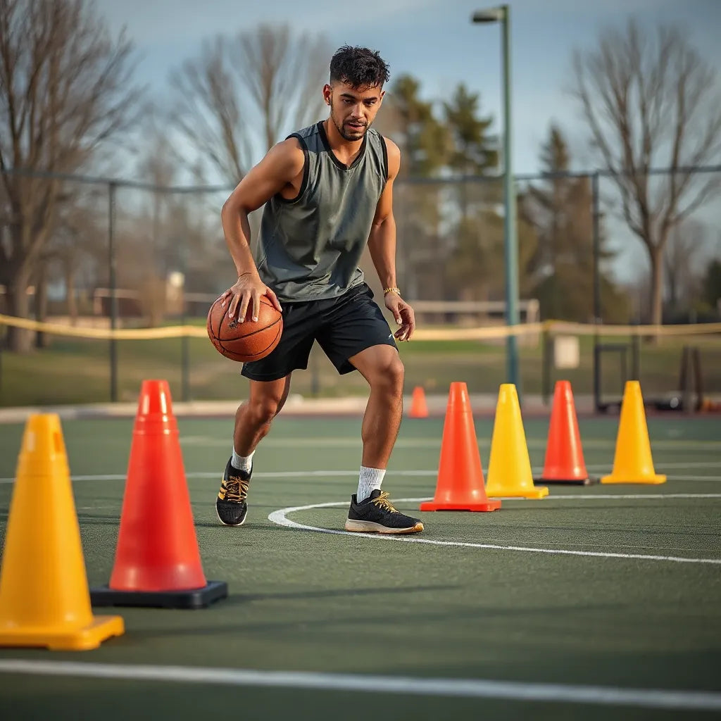 Player dribbling a basketball through cones with focused hand control on a clean court