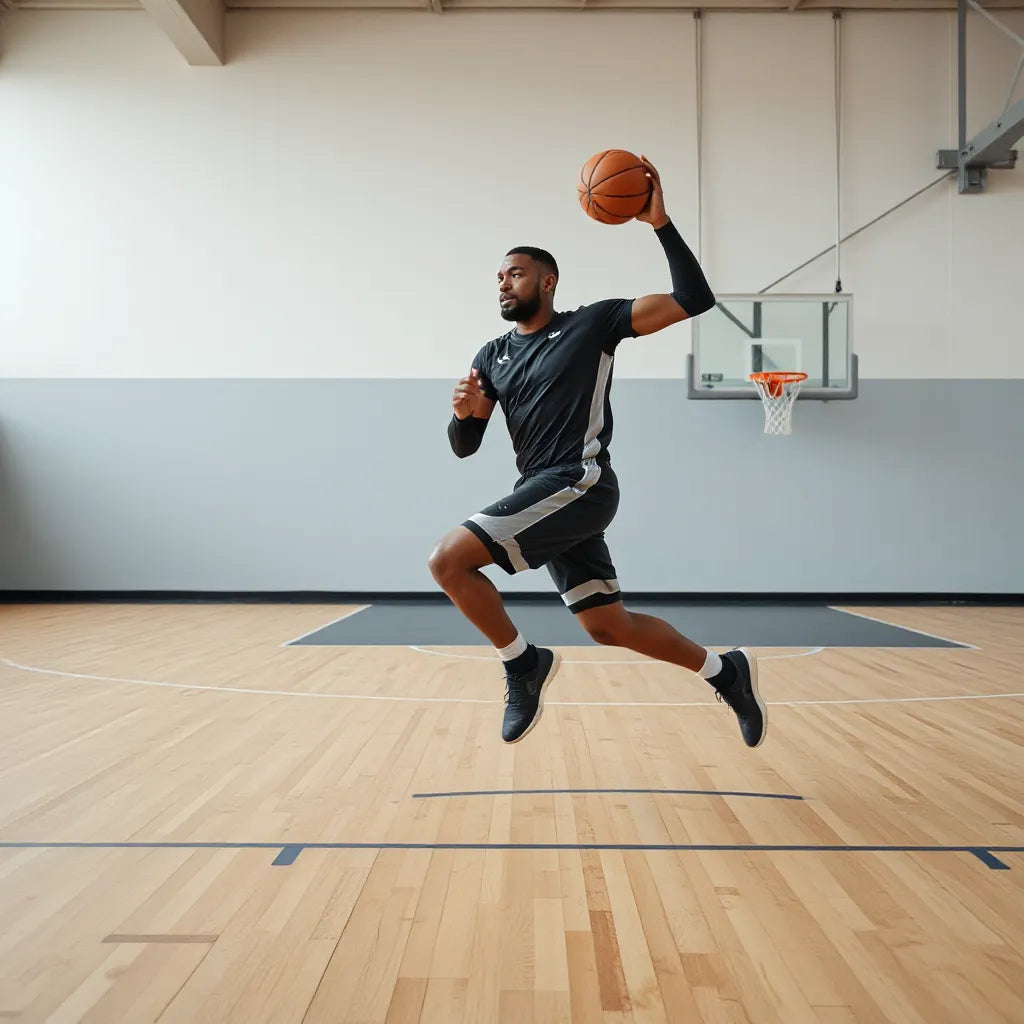Player executing a controlled layup with precise foot placement toward the hoop