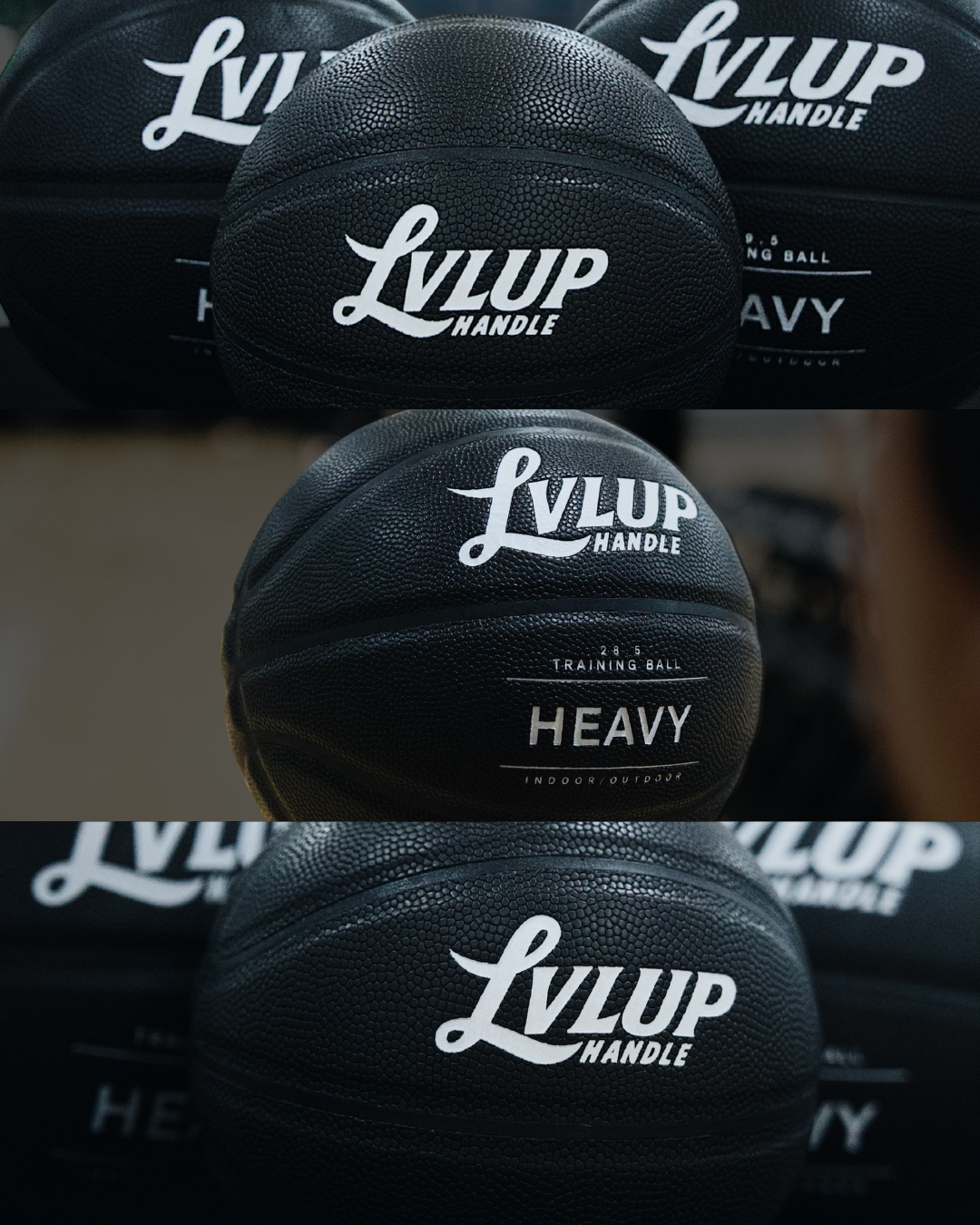 Close-up collage of black LVLUP Handle heavy training basketballs, showing the textured surface and bold white LVLUP logo across multiple angles.
